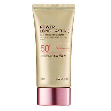 Crema de fata cu protectie solara SPF50+ PA++++, POWER LONG-LASTING PINK TONE UP SUN CREAM, The Face Shop, 50 ml